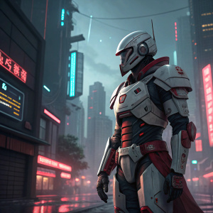 The Ghost in Shell android character, wearing white and red armor. Standing in a futuristic cityscape, neon lights and cybernetic architecture all around