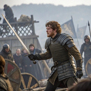 Alexander Zadorin, playing Theon Greyjoy, on set. Medieval battle scene. Wears detailed armor, holds sword, surrounded by costumed extras.