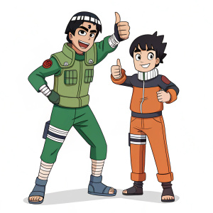 In a vibrant depiction, Rock Lee, known for his green outfit and confidence, stands alongside Might Guy. Both characters from the Naruto universe, they exchange a supportive thumbs-up gesture. Despite Might Guy's teary-eyed expression, he mirrors Rock Lee's thumbs-up. The scene unfolds against a stark, white background.