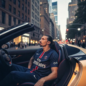 Zlatan Ibrahimovic, in a Nike jersey with Paris Saint-Germain and Fly Emirates logos. Sitting in a luxurious sports car, against a bustling city backdrop