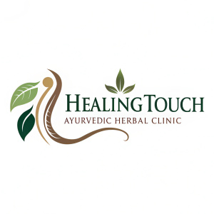 The Healingtouch Ayurvedic Herbal Clinic logo features a sleek green leaf design alongside the text 'Healingtouch Ayurvedic Herbal Clinic' in elegant green and brown colors.