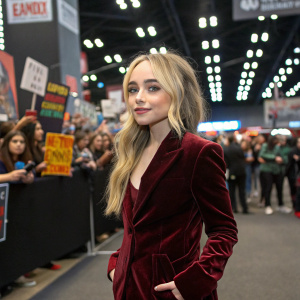 Sabrina Carpenter at New York Comic Con, dressed in a maroon velvet blazer. The background is a bustling con event, with fans holding signs