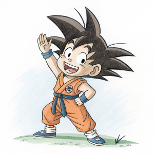 Sketch of Goku, character from Dragon Ball series, in a playful pose with a friendly wave. He's in a casual outfit with spiky hair. Determined yet joyful expression.