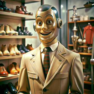  robot with plastic skin and an ever-smiling face from the 1940s work as a salesman in a highly futuristic shoe store, photo