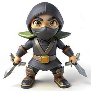 3D render of a ninja character in stealth mode with shurikens, on isolated white background.