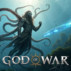 Digital illustration showcasing Scylla from God of War. Dynamic pose with numerous tentacles and skeletal look. Bluish underwater backdrop with sunlight streaming through. Intricate details on body and environment. God of War logo prominently displayed.