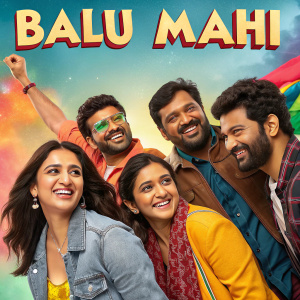 Promotional poster for 'Balu Mahi'. Vibrant colors, cast members gathered, release date prominently displayed.