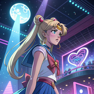 Sailor Moon, blonde heroine with blue sailor fuku, frowning, on a futuristic stage with neon lights
