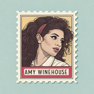 Commemorative Amy Winehouse stamp. Vintage illustration style, framed with classic border. Color accents