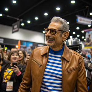 Jeff Goldblum at a sci-fi convention. Wearing a brown leather jacket and a blue and white striped shirt. Surrounded by enthusiastic fans and cosplayers.