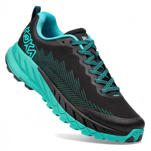 Hoka One One Lady Torrent running shoe, sleek black with vibrant teal accents. Teal laces and side panel detailing. Athletic design