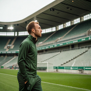 Christian Eriksen, intense focus, dressed in green tracksuit. Training session at empty stadium