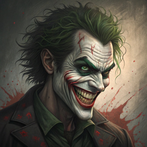 Digital artwork featuring the Joker from Batman series. Dark, menacing grin with sharp teeth. Intense green eyes. Chaotic red markings on a rough, textured surface. Messy, green-tinted hair.
