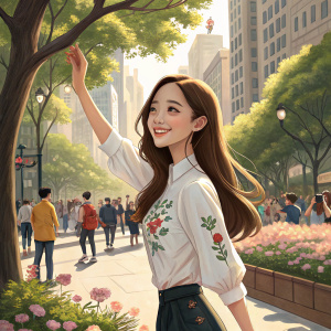 Krystal, an Asian girl with long brown hair, wearing a white shirt with floral design. Poses with a friendly wave in a bustling city park.