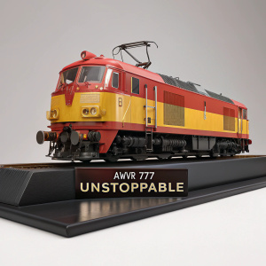 A hyper-realistic 3D rendering of an AWVR 777 Unstoppable locomotive. The train is vividly colored in red and yellow. Displayed on a sleek black platform with the label 'AWVR 777 Unstoppable' prominently featured. The words 'Unstoppable' in bold font are clearly visible below the train.