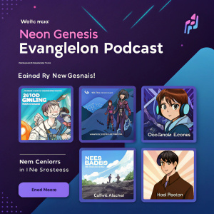 Digital artwork promoting a new episode of Neon Genesis Evangelion podcast. Dark purple and blue color scheme. Multiple thumbnails showcasing various artworks related to the series.