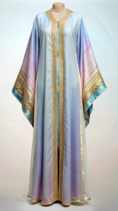 jebba caftan Dubaï femme coupe kimono, galon doré; tissu couleur dégradé clair