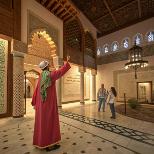 Immerse yourself in the heart of an ancient Middle Eastern palace. Experience a 3D figure in vibrant traditional attire greeting you. Interactive exhibit showcasing cultural richness. Explore in augmented reality at your local museum.