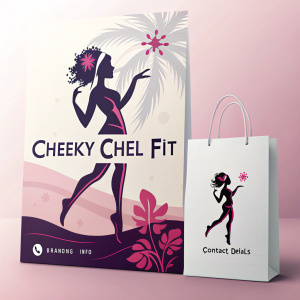 Promotional materials for Cheeky Chel Fit. The logo features a vibrant silhouette. Dark and pink color scheme. Eye-catching design with minimal background. Includes branding info and contact details. Flat design style with focus on graphic elements.