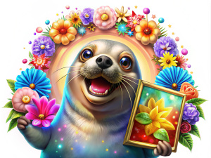 crea un hermoso foca realista colorido sonriente con decoraciones brillantes agarrando en frente de su pecho un marco largo grande para fotos con sus manos, con fondo blanco y decorado con estrellas luminosas, y hermosas flores 3d coloridas con fondo totalmente blanco adornado con luces explosivas coloridas realistas luminosas y 3 flores blancas 3d realistas al rededor con destellos de luces coloridas