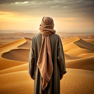 A hooded Muslim man in the desert with his back turned