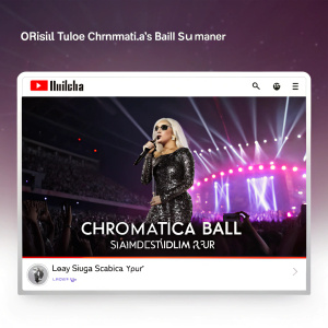 Lady Gaga's Chromatica Ball Summer Stadium Tour official YouTube trailer. Monochromatic theme, digital screenshot showcasing video thumbnail and channel banner.