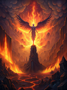The fiery waves of the underworld crash against the walls, creating a symphony of destruction. The mysterious figure with wings of flame hovers above, their fiery wings casting an otherworldly glow on the chaotic scene below.