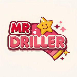 Mr Driller's vibrant logo design. Featuring playful shapes, a yellow star, and a mix of red and pink colors.