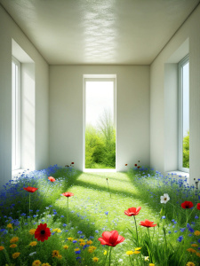 a bright empty room in which flowers, poppies, forget-me-nots and grass grow