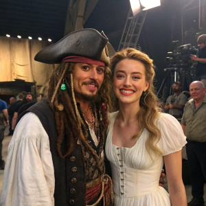 Johnny Depp and Amber Heard on the set of a film. Depp in a pirate costume with hat and beard. Heard in a white dress, smiling. Crowded film set in the background.