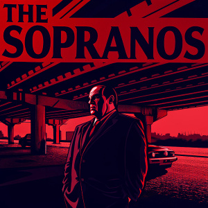 Promotional image for 'The Sopranos' in monochrome. Tony Soprano, dark suit, standing under bridge. Dimly lit street, vintage car in background. Bold red 'The Sopranos' text overlay.