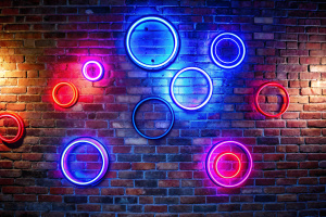 Create a Zoom background image that shows a brick wall with a bunch of circular neon signs
