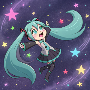 Hatsune Miku, digital avatar, radiating joy. She is floating in a galaxy with vibrant cosmic swirls. The background is a stunning blend of dark purple and neon stars.