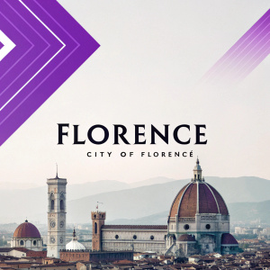 A contemporary logo for Florence, Italy. The name 'FLORENCE' in bold letters. Below, 'CITY OF FLORENCE' in a sleek, modern font. Background features a minimalist design with abstract geometric shapes in a vibrant purple hue.