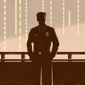 Eric Winter as Officer John Harper. Formal police uniform, badge visible. Against bright neon cityscape background.