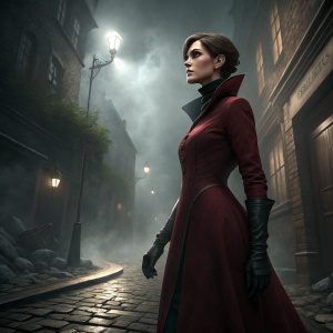 Emily Kaldwin from Dishonored 2. She is wearing a dark red dress with a high neckline and elegant black gloves. She stands in a gloomy, foggy alleyway.