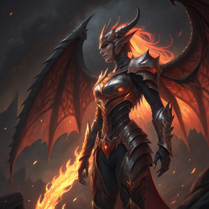 Shyvana, a powerful warrior with dragon heritage, stands tall. Her body, a blend of metallic and fiery armor, exudes immense strength. Tendrils of flame weave around her, highlighting her fierce nature.