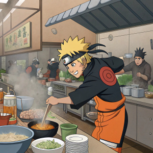 Naruto, the ninja from the anime series, preparing ramen in a bustling kitchen scene.