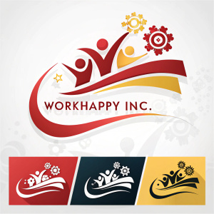 Logo designs for WorkHappy Inc. Vibrant main logo features wavy red and gold elements. Friendly font style. Supporting logos in varied colors like red, black, and yellow, complementing the brand identity.