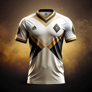A modern, unique and trendy football jersey for our town's football team, the ideal colors should be primarily white with secondary accents being gold and black for contrast. '18. I look forward to strongly conveying the pride and unity of our community through the inclusion of a special badge centered around the chapter', with the possible addition of '1800' to indicate historical significance.

Symbolically combine retro design elements and abstract patterns, but maintain a delicate balance so
