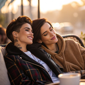Ruby Rose and Jessica Origliasso, lounging at a cafe. The ambiance is cozy, with soft, warm lighting. The background is out of focus, creating a dreamy effect.