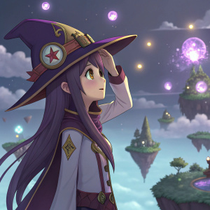 Rize, a 3D anime-style character with long purple hair, adjusts a hat adorned with a badge-like emblem. Fantasy themed scene.