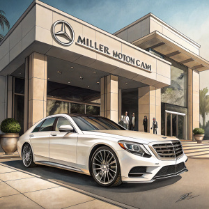 At the grand entrance of Miller Motorcars, a pristine white Mercedes-Benz S-Class AMG S 63 stands out. The car's sleek design and powerful front grille attract attention. Behind it, Miller Motorcars' logo gleams under the sunlight.