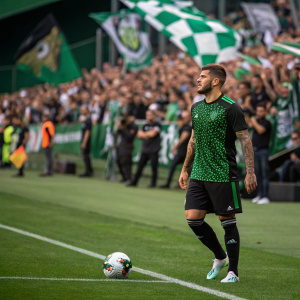 Theo Hernandez, soccer player, in green and black jersey. Firm stance on soccer field. Filled with fans and vibrant atmosphere. Photo