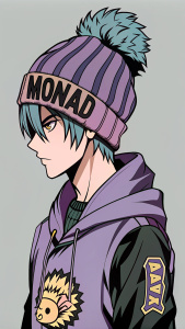 A side-view anime yakuza male character wearing a purple winter beanie with "MONAD" written on it, dressed in a hoodie featuring a print of a baby hedgehog.