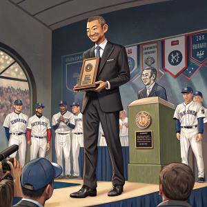 Ichiro Suzuki, dressed in a formal suit, accepting an award at a baseball hall of fame induction ceremony.