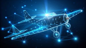   flying an airplane.  . Low Poly Wireframe Pilot with connected glowing dots, lines, and particles. Include copy space at the bottom.