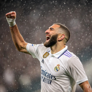 Karim Benzema, celebrating a goal in the rain, Real Madrid jersey.