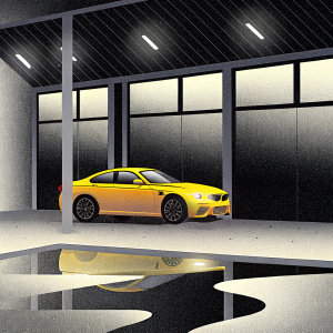 A sleek yellow BMW M4 GTS parked beneath the awning of a modern garage. Water pooled on the asphalt, reflecting dim light from overhead lamps.