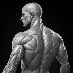 High-definition digital rendering of a male figure with a muscular physique. The image focuses on the back view, highlighting well-defined muscles and broad shoulders. The background is a sleek black, emphasizing the intricate details of the musculature. The lighting is soft and symmetrical, enhancing the contours of each muscle group.
